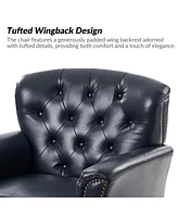 Hulala Home Eugene Traditional Genuine Leather Chair with Tufted Wing Back and Solid Wood