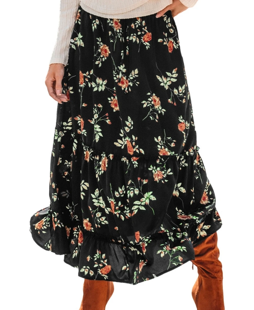 Cupshe Women's Black Floral Elastic Waist Maxi Skirt