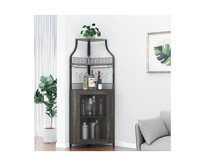 gaomon Corner Bar Cabinet, Wine Bar Cabinet with Glass Holder and Large Storage Space, Coffee Bar Cabinet with Mesh Door and Adjustable Shelf, Dark Wo