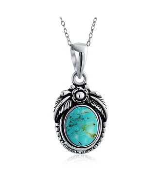 Bling Jewelry South Western Blue Natural Turquoise Oval Leaf Feather Pendant Necklace For Women Sterling Silver