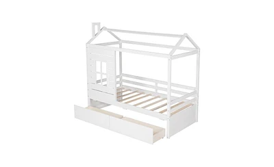 Slickblue Twin Size Wooden House Bed with Two Storage Drawers for Kids