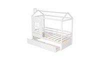 Slickblue Twin Size Wooden House Bed with Two Storage Drawers for Kids