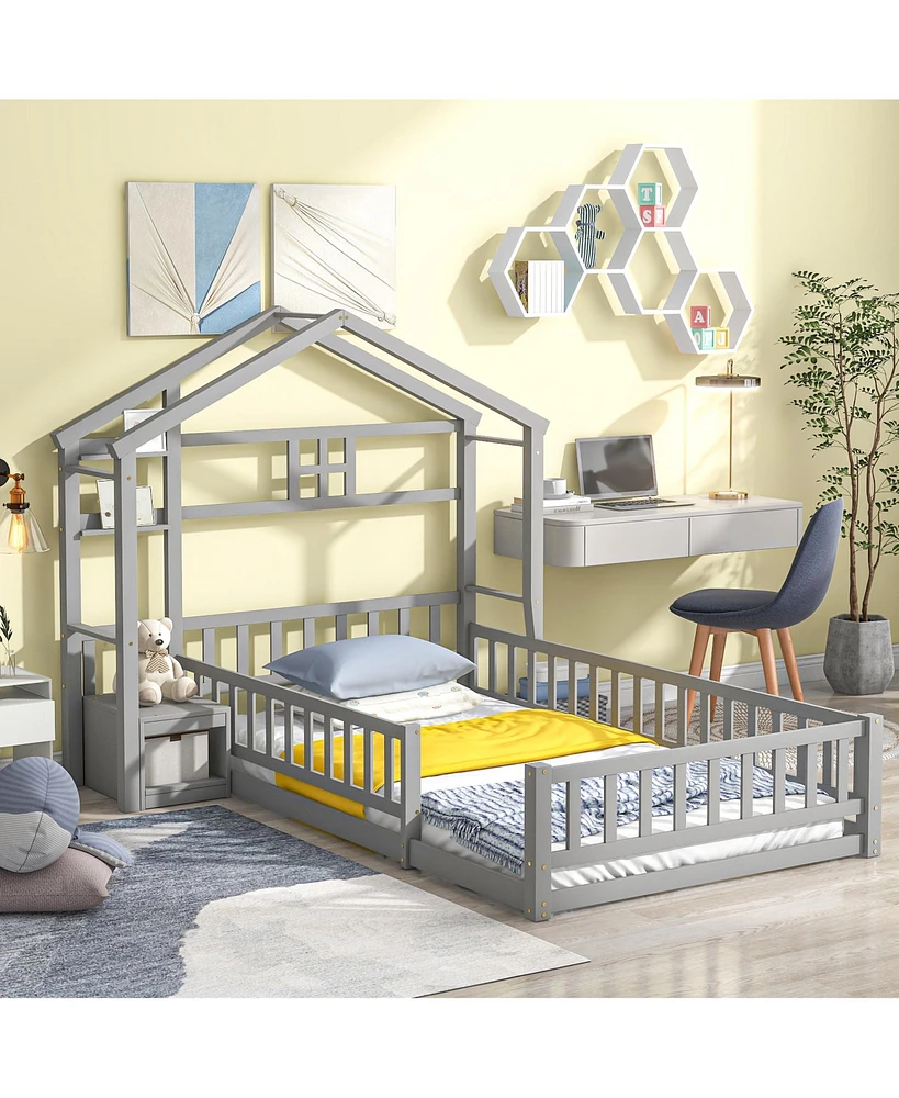 Slickblue Twin Size House-Style Floor Bed with Headboard and Fence Guardrails for Kids Safety