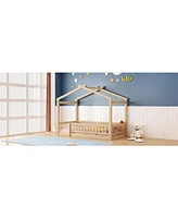 Slickblue Twin Size Wood Bed House Bed Frame with Fence, for Kids, Teens, Girls, Boys,Natural