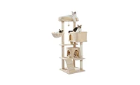 Slickblue Multi-functional Cat Tree Tower with Sisal Scratching Post, 2 Cozy Condos, Top Perch, Hammock, Climbing ladder and Dangling Ball Beige