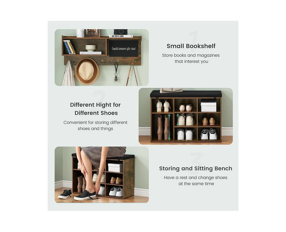 gaomon Hall Tree Shoe Bench Industrial 6 in 1 Coat/Shoe Rack with 5 Hooks,9 Storage Cubbies with Bookshelf and Small Blackboard,for Entryway,Hallway