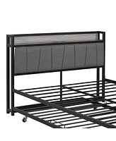 Slickblue Full Size Metal Platform Bed Frame with Twin Trundle, Upholstered Headboard, Usb Ports & Slat Support