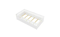 Slickblue Twin Size Montessori Wooden Floor Bed in White – Features Integral Construction with High Security Barrier and Door