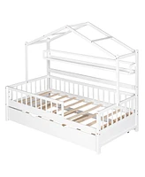 Slickblue Wooden Twin Size House Bed with Trundle and Storage Shelf for Kids