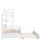 Slickblue Wooden Twin Size House Bed with Trundle and Storage Shelf for Kids