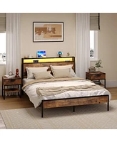 gaomon Full Size Bed Frame with Wood Headboard, Platform Bed with Storage Charging Station, Led Lights, No Box Spring Needed, Heavy Duty Rustic Design