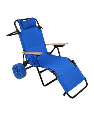 Beach Cart Chairs With Wheels 2 in 1 Foldable Beach Lounge Chair With Integrated Wagon Pull Cart Perfect for Backyard Pool or Picnic