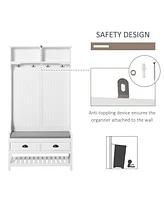 3-in-1 Hall Tree, Entryway Bench with Coat Rack, Mudroom Bench with Shoe Rack, 2 Storage Drawers, 4 Hooks and Padded Seat Cushions for Hallway, White