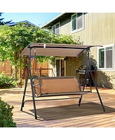 3-Person Porch Swing with Stand, Outdoor Swing for Patio Porch with Adjustable Tilt Canopy and Comfortable Swing Bench-Style Seat, Steel Frame, Brown