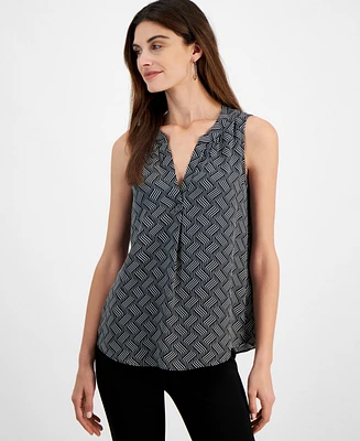 T Tahari Women's Printed Split-Neck Sleeveless Blouse