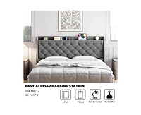 gaomon King Size Bed Frame with Charging Ports & Storage Shelf, Upholstered Platform Bed with Wingback Headboard, No Box Spring Needed, Gray