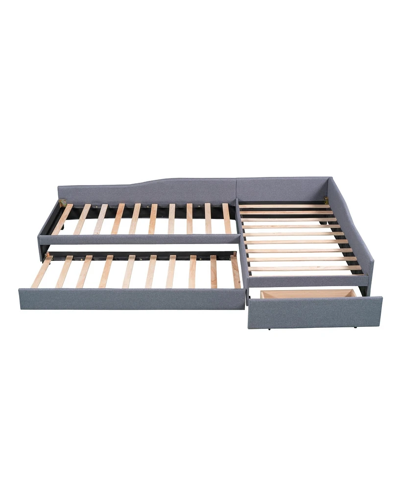 Slickblue Upholstered Double Twin Size Daybed with Trundle and Drawer, Grey