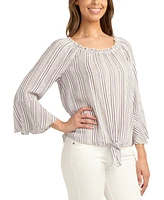 Bcx Juniors' Tie-Hem Scoop-Neck Striped Bell-Sleeve Top