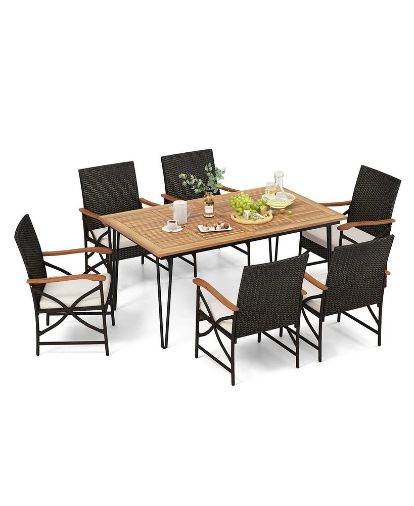 Costway 7 Pcs Patio Dining Set with Acacia Wood Dining Table Rattan Armchairs Soft Cushions