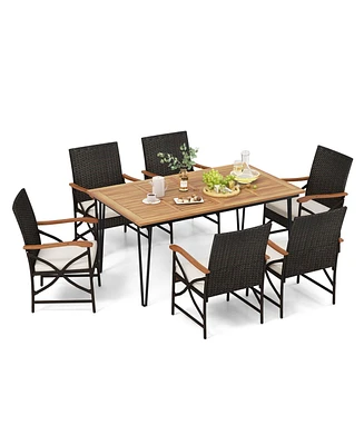 Costway 7 Pcs Patio Dining Set with Acacia Wood Dining Table Rattan Armchairs Soft Cushions