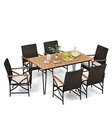 Costway 7 Pcs Patio Dining Set with Acacia Wood Dining Table Rattan Armchairs Soft Cushions