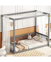 Slickblue "Twin Size Grey Canopy Floor Bed Frame with Fence and Guardrails