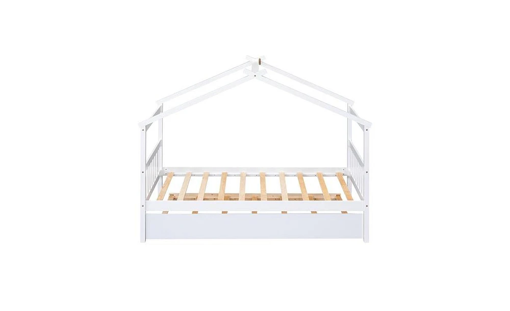 Slickblue Twin Size Wooden House Bed with Twin Size Trundle, White