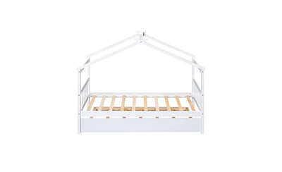 Slickblue Twin Size Wooden House Bed with Twin Size Trundle, White