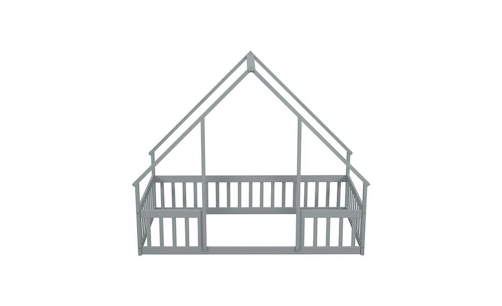 Slickblue Twin Wood House-Shaped Floor Bed in Grey – Features Fence and Guardrails for Safe and Cozy Sleeping Spaces for Kids