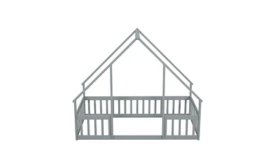 Slickblue Twin Wood House-Shaped Floor Bed in Grey – Features Fence and Guardrails for Safe and Cozy Sleeping Spaces for Kids