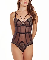 iCollection Women's Grommets Lace and Mesh Lingerie Bodysuit with Scalloped Cheeky Back