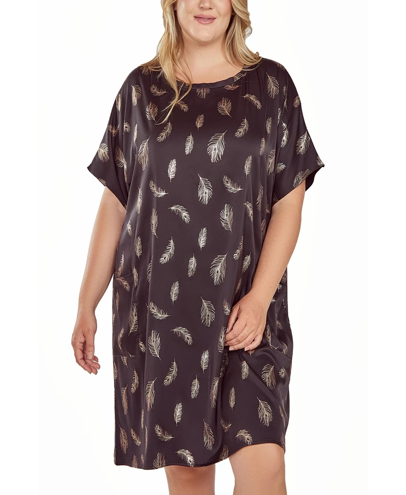 iCollection Plus Silky Pocket Shift Sleepshirt Nightgown Feather Print