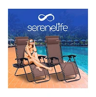SereneLife Adjustable Zero Gravity Chair Set with Side Table, 2-Pack, Brown