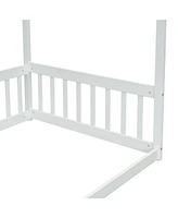 Slickblue Twin Size White Canopy Floor Bed Frame with Fence and Guardrails