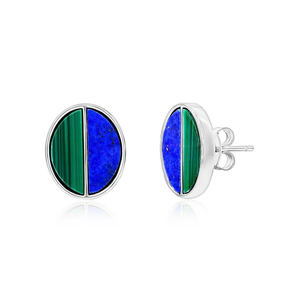 Caribbean Treasures Sterling Silver Half Malachite & Half Lapis Oval Stud Earrings