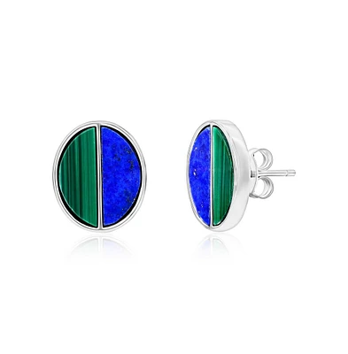 Caribbean Treasures Sterling Silver Half Malachite & Half Lapis Oval Stud Earrings