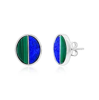 Caribbean Treasures Sterling Silver Half Malachite & Half Lapis Oval Stud Earrings