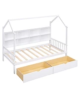 Slickblue Wooden Twin Size House Bed with 2 Drawers,Kids Bed with Storage Shelf, White