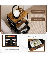 Gymax 2PCS Nightstand with Charging Station Industrial Bedside Table w/ 2 Drawers
