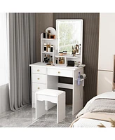 Famapy 5-Drawers White Makeup Vanity Sets Dressing Table Sets With Stool, Led Lighted Mirror, Power Strip and Hair Dryer Holder