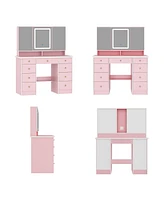 Famapy Pink Modern Makeup Vanity Desk 9-Drawers Wood Dressing Table with 3 Mirrors, Hidden Storage Shelves, Led Lighted Lights