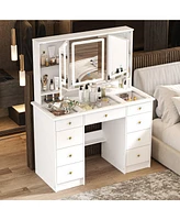 Homsee White Makeup Vanity Desk 9 Drawers Wood Dressing Table With 3 Mirrors, Glass Top, Hidden Storage Shelves, Led Lighted