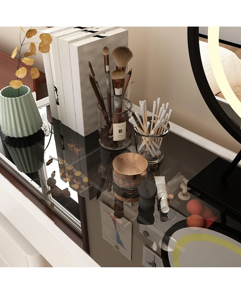 Famapy White Makeup Vanity Sets Wood Dressing Desk With 5-Drawers, See-Through Glass Top, Round Led Dimmable Mirror and Stool