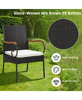Skonyon Set of 2 Outdoor Pe Wicker Chair with Acacia Wood Armrests