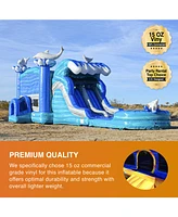 JumpOrange Dolphins Commercial Grade Bounce House Water Slide with Dual Lane and Detachable Pool for Kids and Adults (with Blower), Tunnel Entrance, B