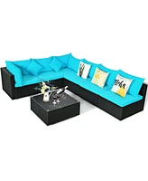 Sugift 7 Pieces Sectional Wicker Furniture Sofa Set with Tempered Glass Top-Blue