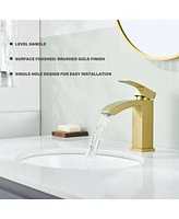 Flynama Single Handle Bathroom Faucet Waterfall Spout Commercial Modern Lavatory Deck Mount, Bathroom Faucet in Brushed Gold