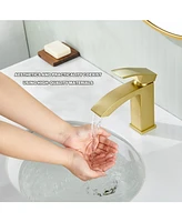 Flynama Single Handle Bathroom Faucet Waterfall Spout Commercial Modern Lavatory Deck Mount, Bathroom Faucet in Brushed Gold