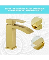 Flynama Single Handle Bathroom Faucet Waterfall Spout Commercial Modern Lavatory Deck Mount, Bathroom Faucet in Brushed Gold