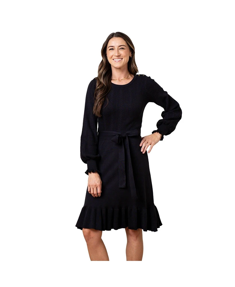 Hope & Henry Women's Organic Long Sleeve Flounce Edge Cable Sweater Dress